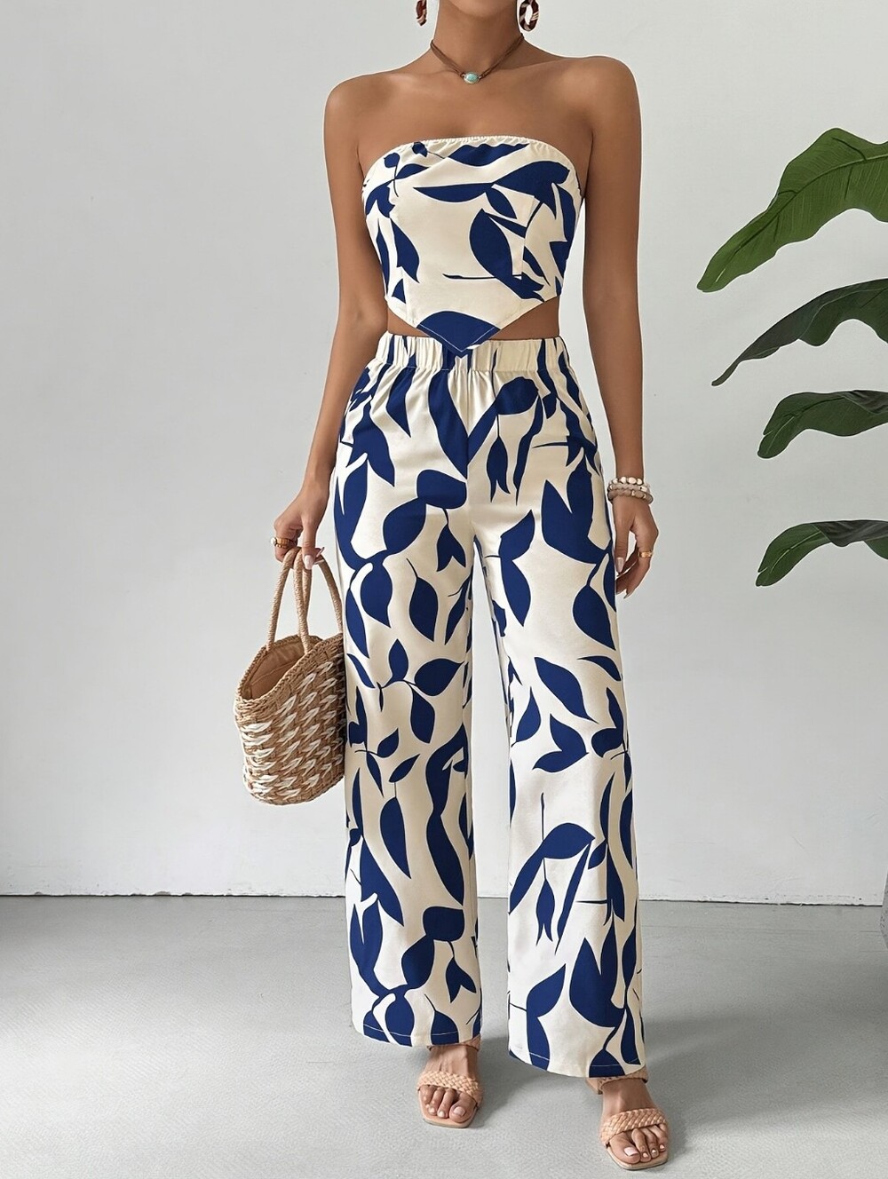 Strapless Navy Leaf Print Wide-Leg Jumpsuit